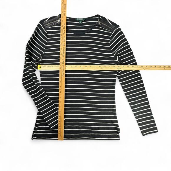 Lauren Ralph Lauren Ribbed Striped Top Women L Baddie Leather Zip Trim Black Y2K - Picture 9 of 9